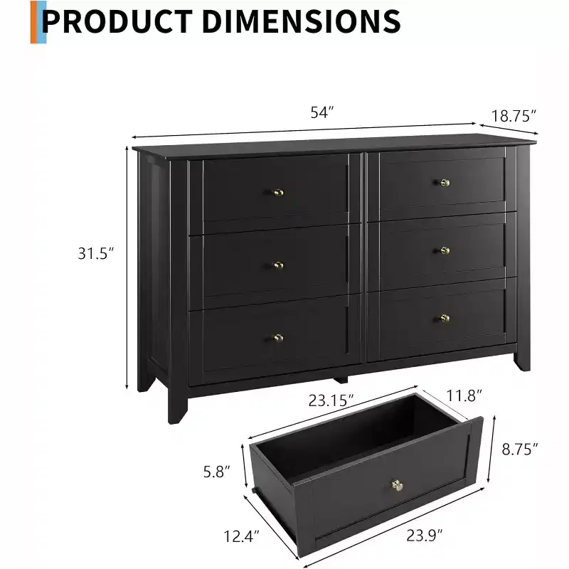 53.9 6-Drawer Dresser, Tall Wood Storage Chest with Deep Drawers for Bedroom, Living Room and Hallway
