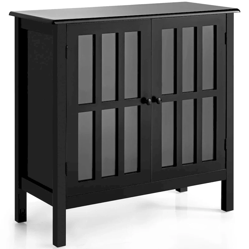 Black/Grey 2-Door Glass Cabinet with Shelf, Sideboard Console