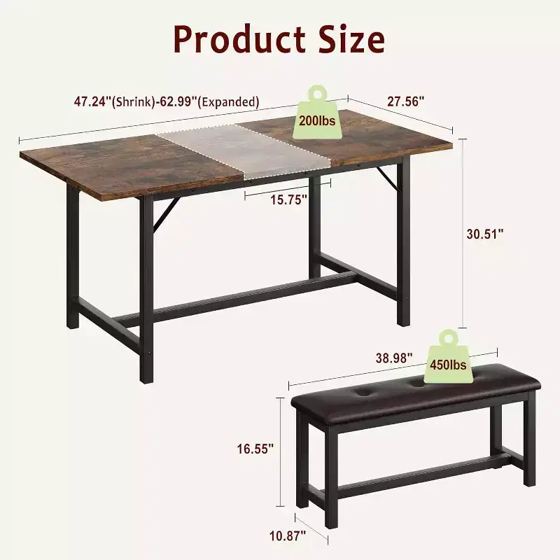 Farmhouse Extendable Dining Table for 4/6, Large Dining Table with Two Upholstered Benches, for Home, Dining Room Rustic Brown