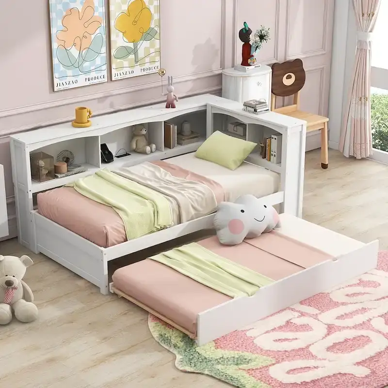 Twin Wooden Daybed with Trundle, Cabinets, and Charging Stations