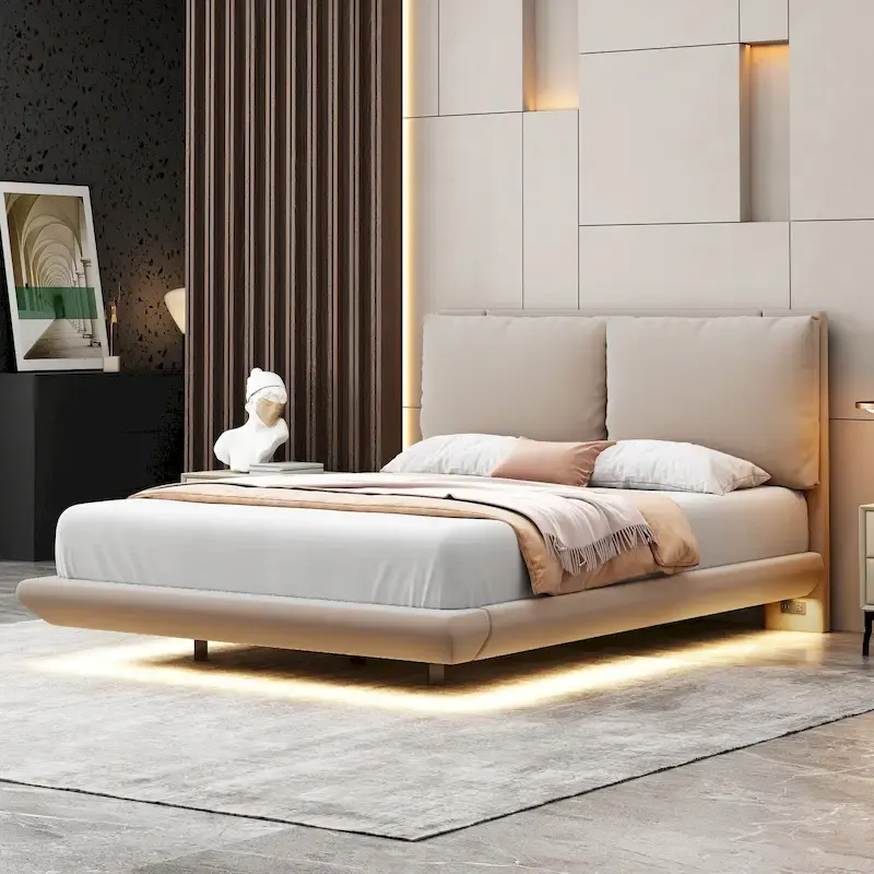 Beige / Gray Velvet Floating Platform Bed with Motion Sensor Light – Full / Queen, 2-Person