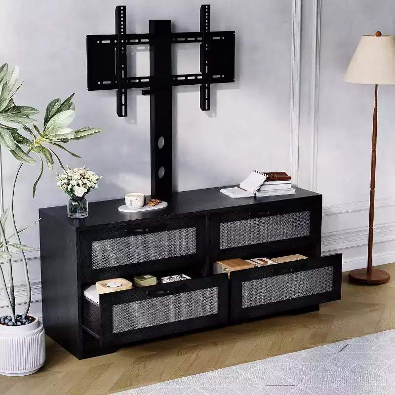 Rattan 4-Drawer TV Stand, Farmhouse Style for 70-Inch TVs, for Living Room, Easy Assembly