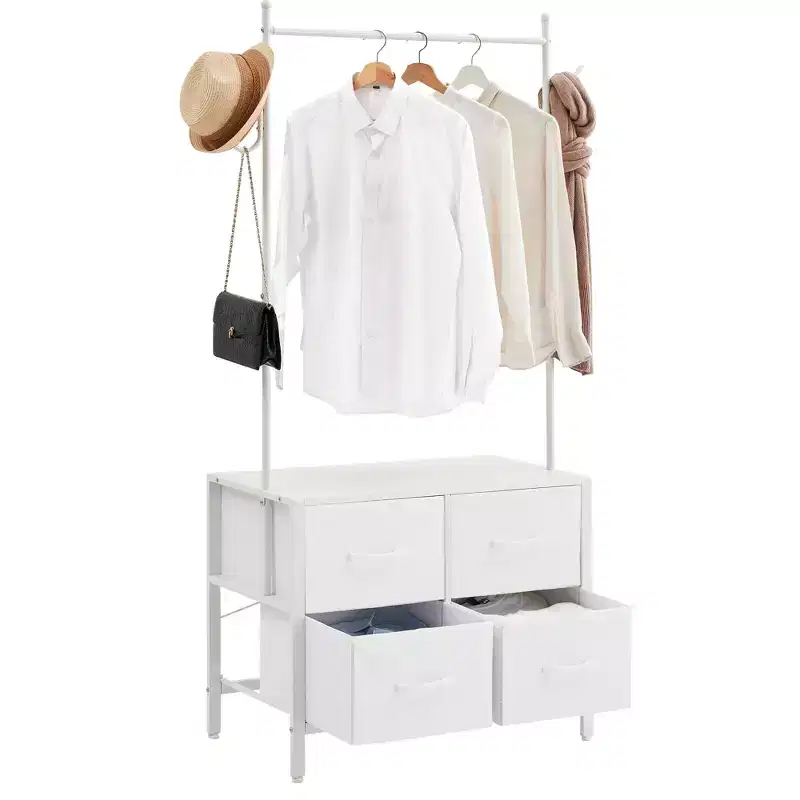 Zstar Clothing Rack with 4 Drawers, Freestanding Closet Organizer, Clothes Stand Dresser with Steel Frame & Wooden Top
