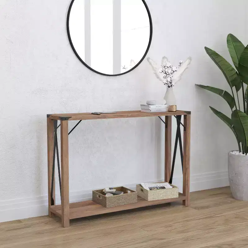 Modern Farmhouse Sofa Table – Engineered Wood, Powder-Coated Steel Accents, 75 lb Capacity