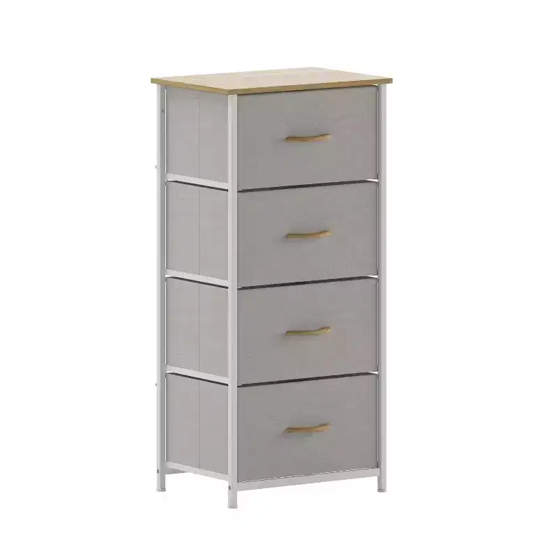 4 Drawer Storage Dresser with Cast Iron Frame, Wood Top and Easy Pull Fabric Drawers with Wooden Handles