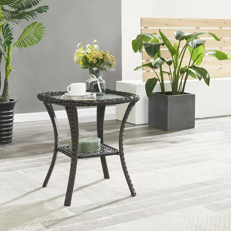 Outdoor Wicker Side Table with Tempered Glass Top - Weather Resistant