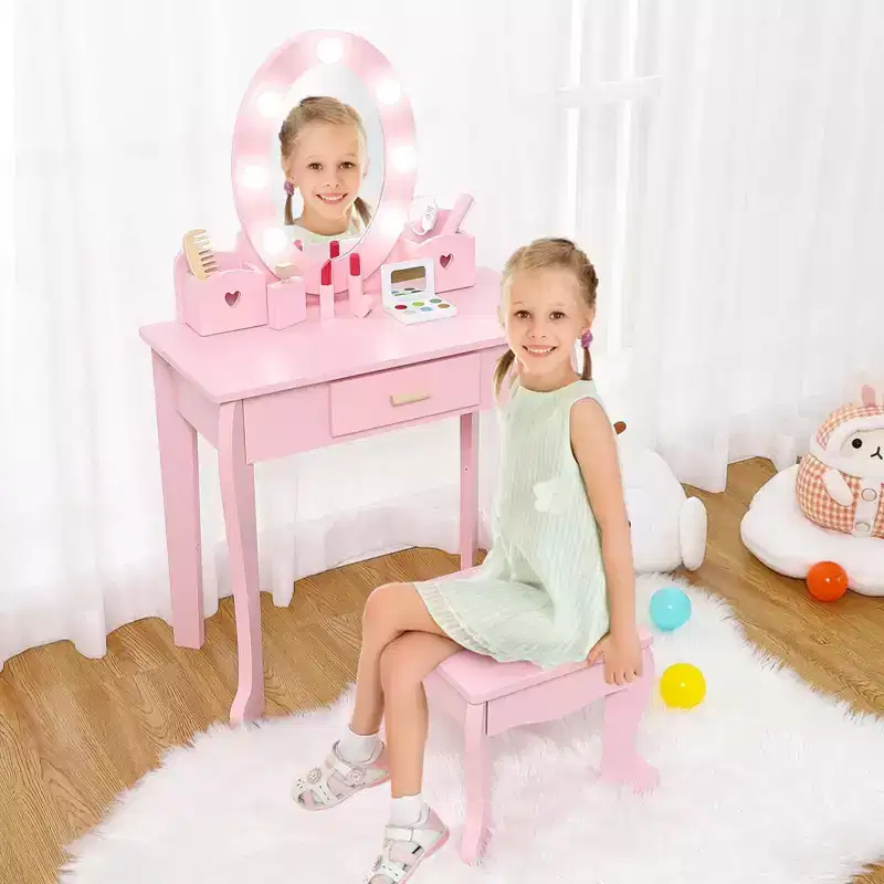 Kids Vanity Set with Mirror and Drawer - Pretend Play Dress-Up Fun, Lights & Wooden Makeup Playset for Girls 4-9 Yrs