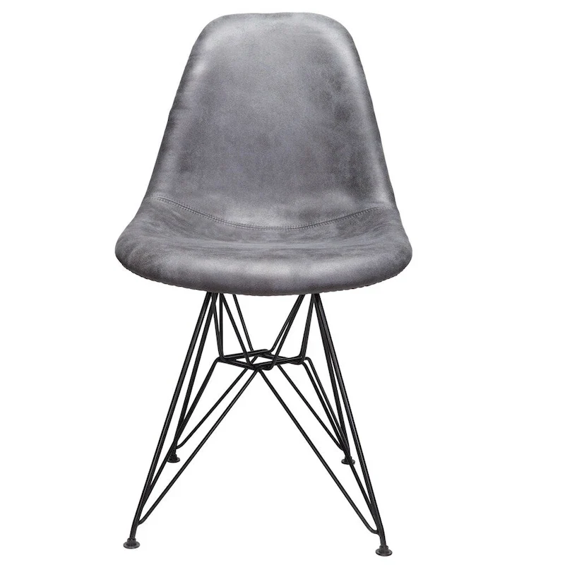 Cool Gray Leatherette Dining Side Chair, Mid-Century Style, Black Steel Legs