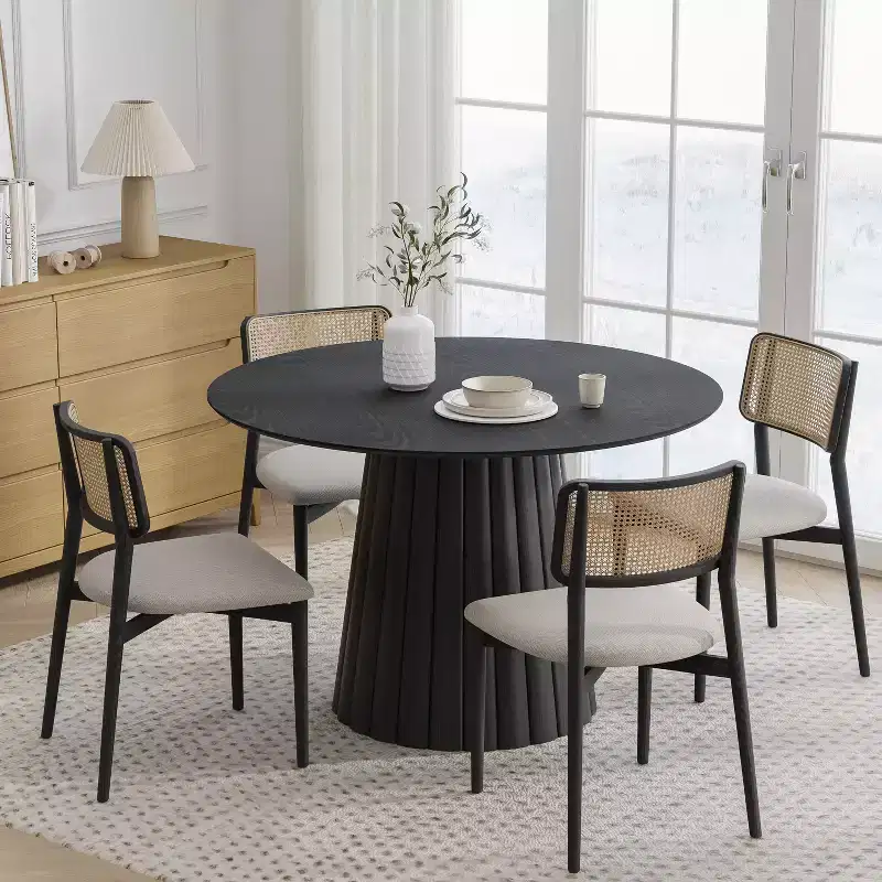 Dovelina Black Round Dining Table Artificial Wood Dining Room Table Personalized Dining Table with Designer Table Base