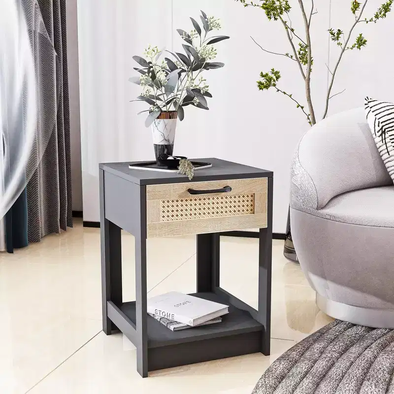 Rattan Nightstands, with Rattan Decor Drawer and Open Shelf,Farmhouse Nightstand Bedside Table with Drawer and Storage Shelf