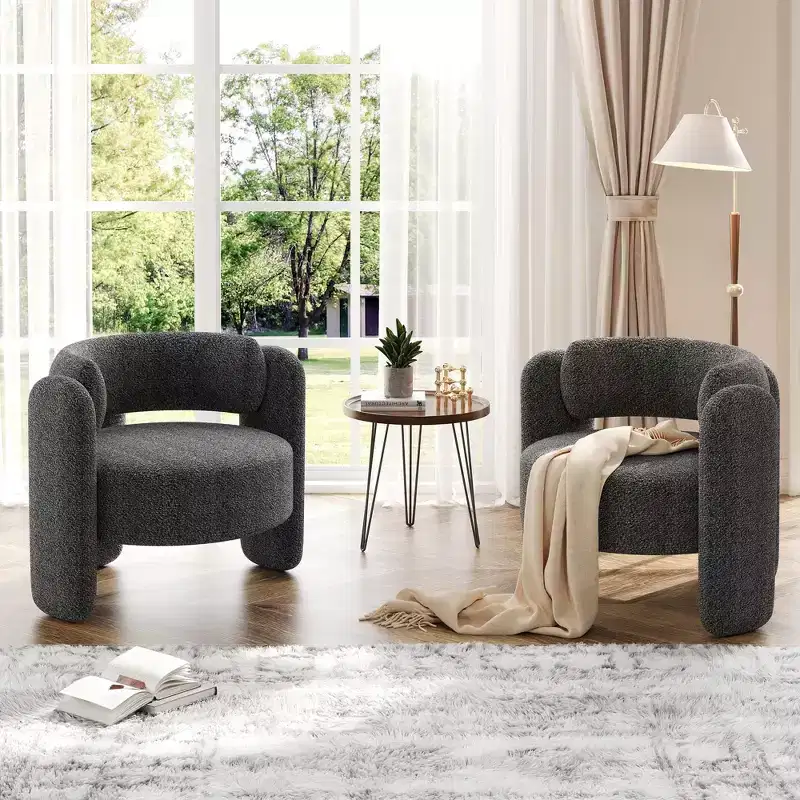 Modern Chenille Accent Armchair Mid-Century Upholstery, Round Corners for Living Room, Bedroom, Office, or CafeGrey