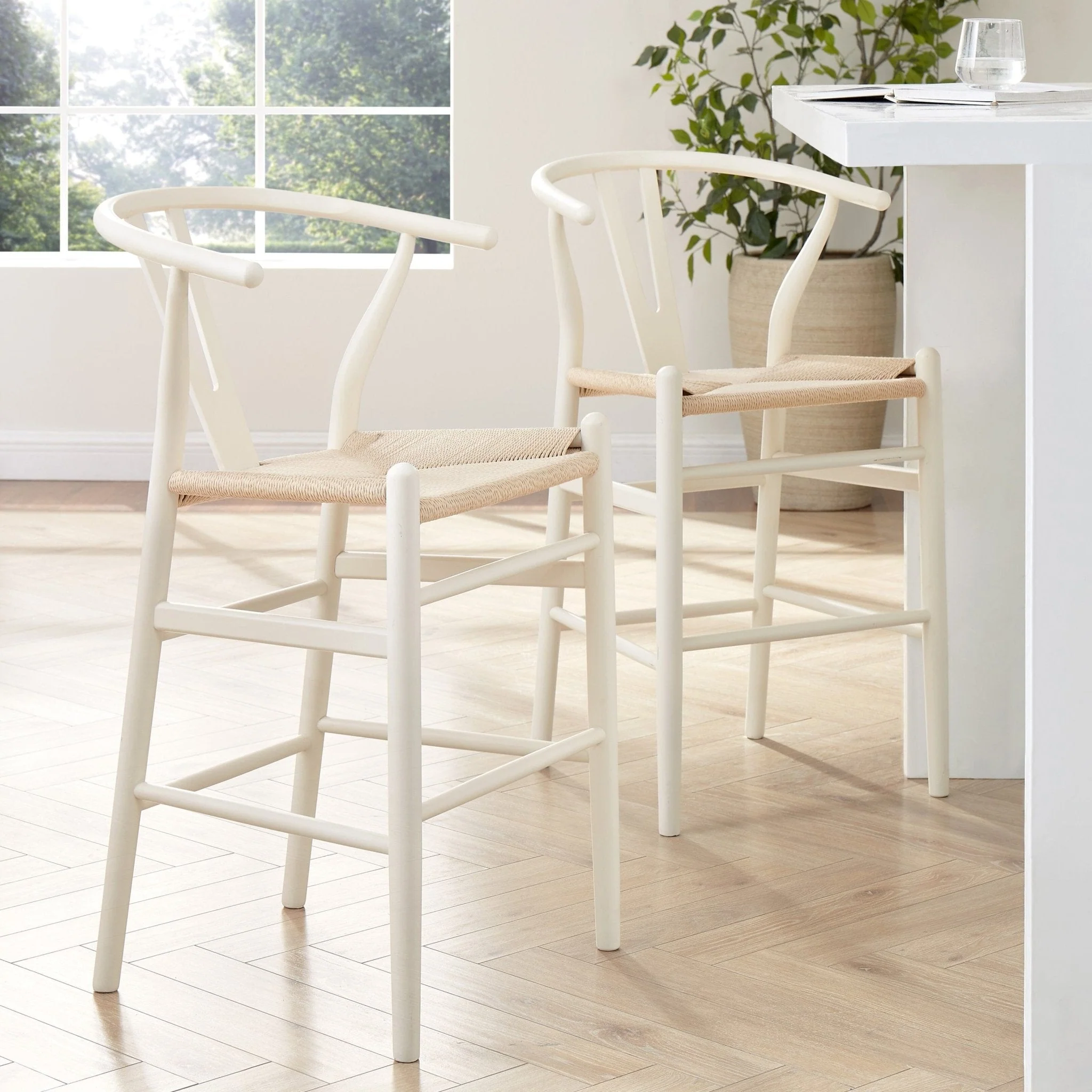 Scandi Light Beige Birch Wood Barstool with Rope Seat for Kitchen