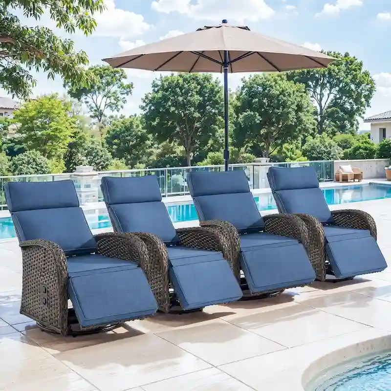 Pocassy 4PCS Versatile Outdoor Recliner Chair with Blue Cushion