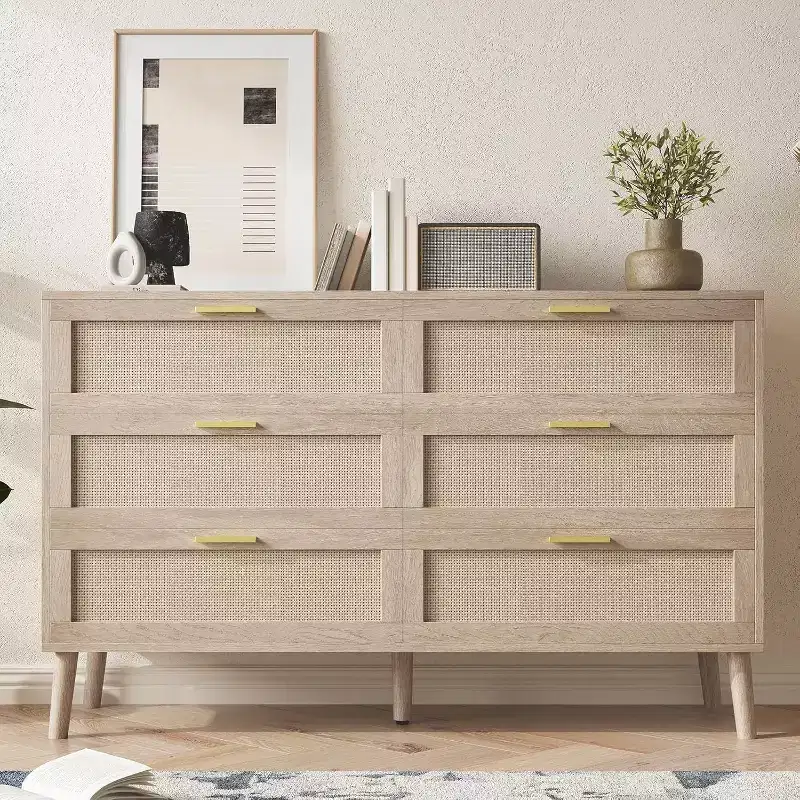 47 Rattan 6-Drawer Dresser - Mid Century Modern Storage Chest for Bedroom & Living Room
