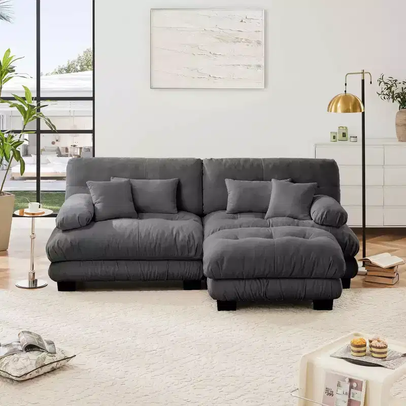 Sectional Sofa with 2 Seater, Lumbar & Throw Pillows, Upholstered Wide Arm for Living Room - Gray