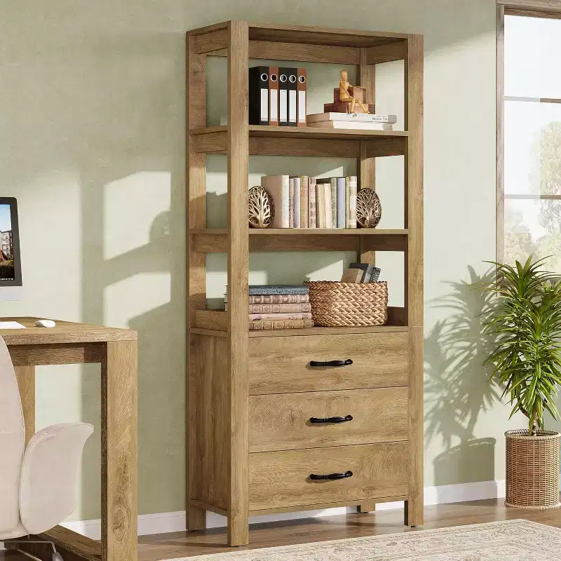 Lantine Bookcase with Drawers, 70.9 Bookshelf with Storage Shelves, Large Bookshelves Cabinet for Living Room, Bedroom, Home Office, Rustic Brown