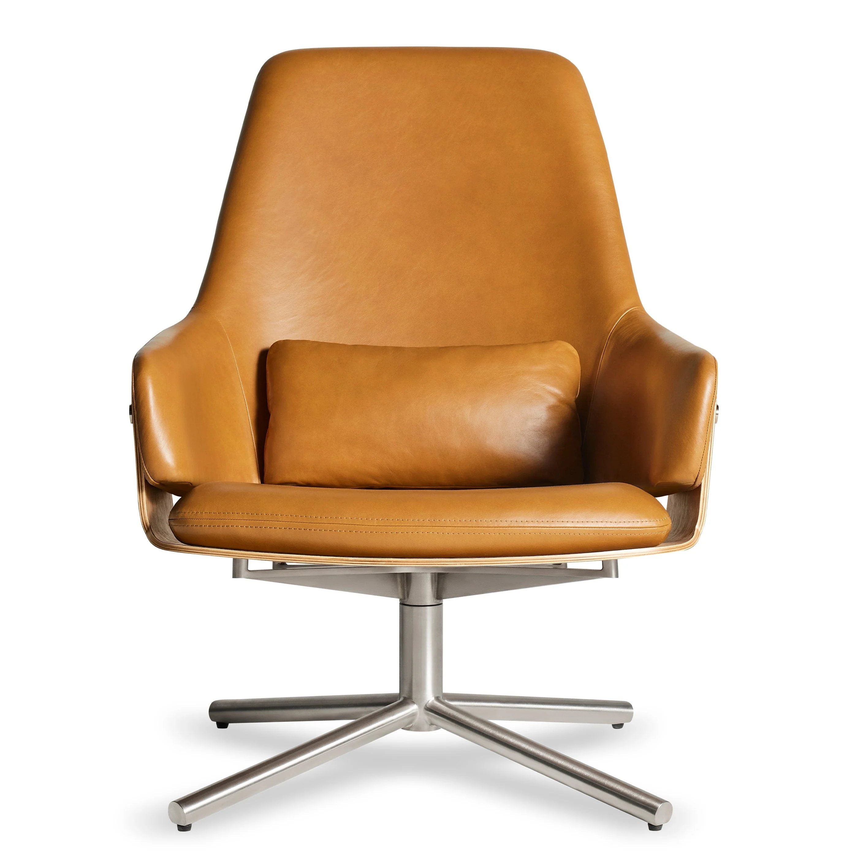 Modern Leather Swivel Lounge Chair with Plywood Shell & High Back for Living Room