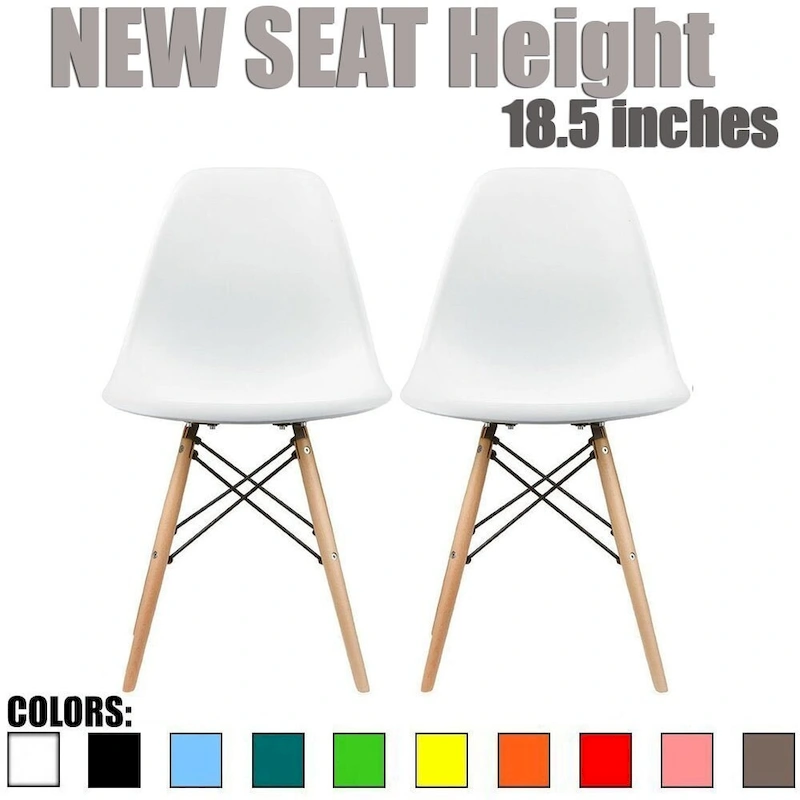 Set of 2 Mid-Century Modern Dining Chairs Armless Plastic Shell Seat with Natural Wooden Eiffel Leg Base, Red