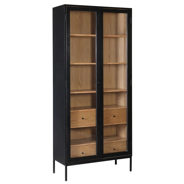 Modern Industrial Oak Veneer & Metal Cabinet with Large Glass Doors for Living Room or Study