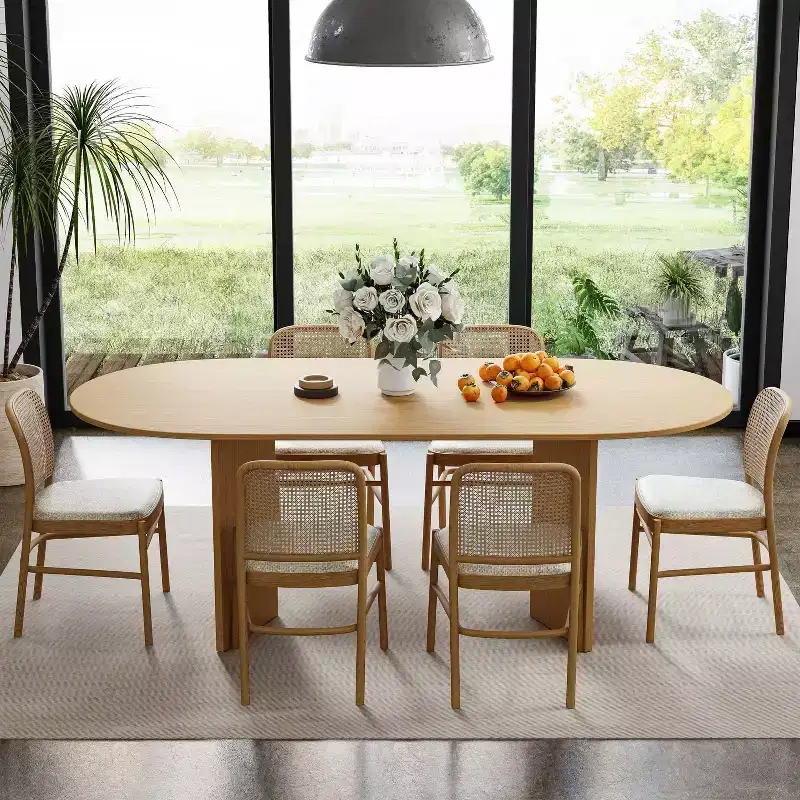 PexFix 67 x 33.5 Solid Wood Farmhouse Dining Table with V-Shaped Legs and Oval Natural Wood Top for Modern Dining Rooms & Family Gatherings