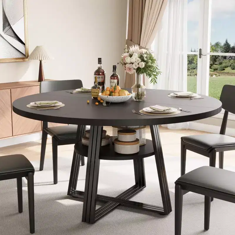 Round Dining Table for 4-6, 47 Kitchen Table with Storage Shelf, Wooden Dinner Table with Metal Base for Home Living Room, No Chairs