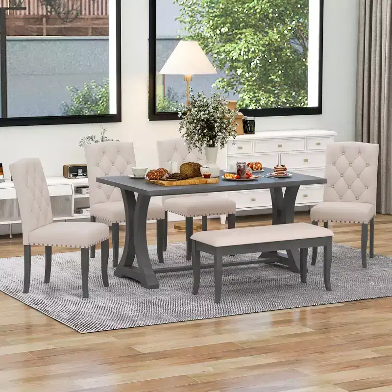 6 Pieces Farmhouse Dining Table Set, Wood Rectangular Table with 4 Upholstered Chairs and Bench